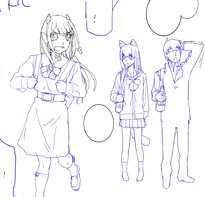 漫画の1ページ目は下描きに少し時間がかかる。このキャラでスタートするっていう確信が持てないと続かないから。左のキャラの顔だけ黒い線なのは私服で描いたら幼くなりすぎて顔以外描き直してコピペしたから。 