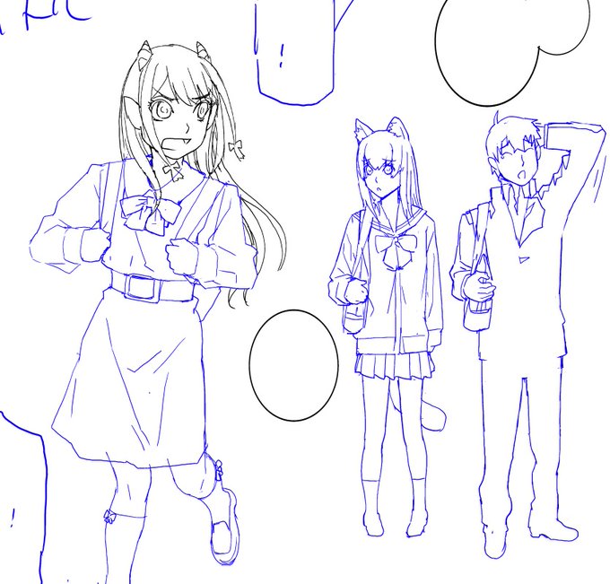 漫画の1ページ目は下描きに少し時間がかかる。このキャラでスタートするっていう確信が持てないと続かないから。左のキャラの顔だけ黒い線なのは私服で描いたら幼くなりすぎて顔以外描き直してコピペしたから。 