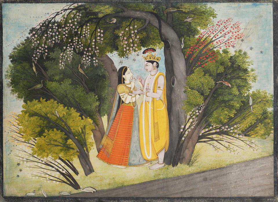 ssharadmohhan's tweet image. Radha &amp;amp; #Krishna meet in a Forest on #InternationalDayOfForests (today).
c1780 AD #Pahari painting from #Garhwal in @bonhams1793 sale ending 25th March. From the collection of Absjorn Lunde.
Illustration from the Gita Govinda.
@Peachtreespeaks @Hiranyaa_ @ranjona @vijivenkatesh