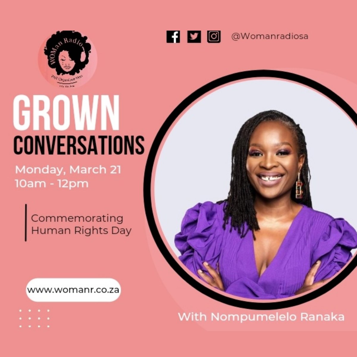 WomanradioSA's tweet photo. Join @Pumi1Ranaka on #GrownConversations as she commemorates #HumanRightsDay

From it's history to why it's such a significant day in our country South Africa

Get the WOMan Radio app on Android and iOS and click play to tune in

Well Organized Man
FOR WE ARE https://t.co/sSBECfZ7OT