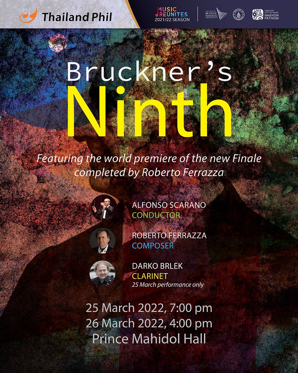 ThaiTicketMajor's tweet photo. Thailand Philharmonic Orchestra
Bruckner’s Ninth
25-26 March 2022 / Prince Mahidol Hall
1,500/1,000/800/600/400 Baht
ซื้อบัตร Buy Now >> https://t.co/iNUJCYl3ri
#thailandphil #betterwithmusic #reunites #season2122
#Bruckner #bruckner9 #Mozart #clarinet https://t.co/nP2ytdtnyD