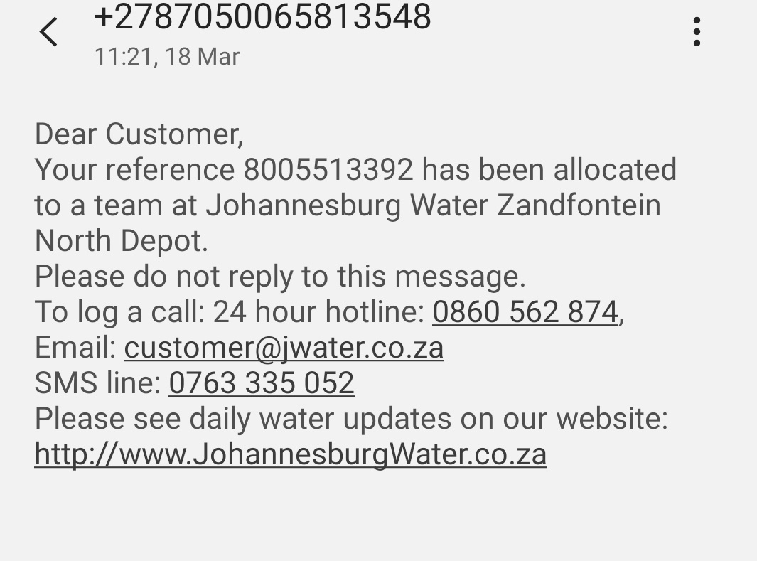ol_sandie's tweet photo. @JHBWater Almost a week without water at my house because JHBWater personnel wanted to swindle us after a call out for water leak, whenever l call it's 'a team has been allocated' noone ever comes. Spending Human Rights day with out water https://t.co/F6sVWxaJMb