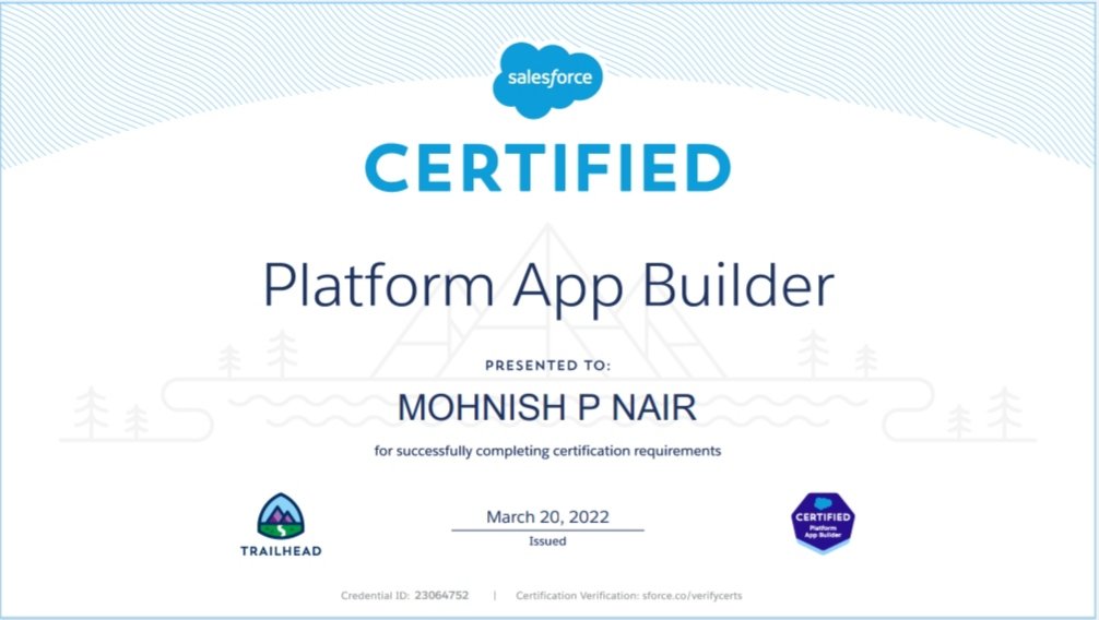 Woohoo! 🥳🥳🥳

I'm glad to share that I've cleared the Salesforce Platform App Builder certification.🕺

Thank you so much <a href="/satheesh_1105/">Satheesh kumar</a> @SFDG_Namakkal for providing me this opportunity ❤️

#Salesforce #salesforcecertified #SFDG_Namakkal #BeATrailblazer #TrailblazerCommunity