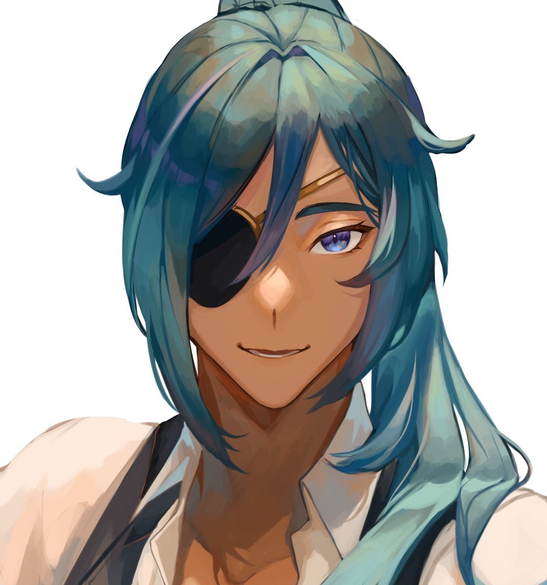 kaeya (genshin impact) 1boy male focus solo eyepatch blue hair blue eyes dark skin  illustration images