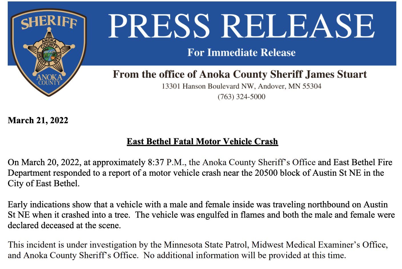 MN CRIME Police/Fire/EMS on Twitter "Two people were killed in a