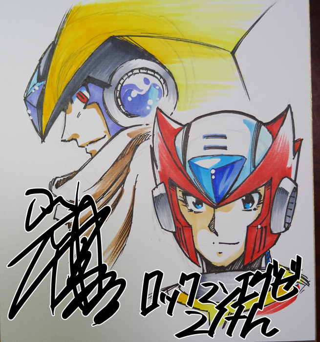 zero (mega man) multiple boys 2boys helmet blue eyes male focus traditional media android  illustration images