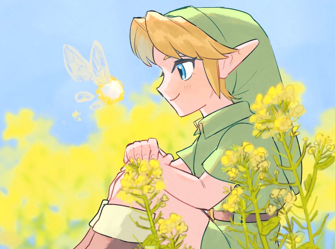 link 1boy fairy blonde hair pointy ears green headwear flower smile  illustration images