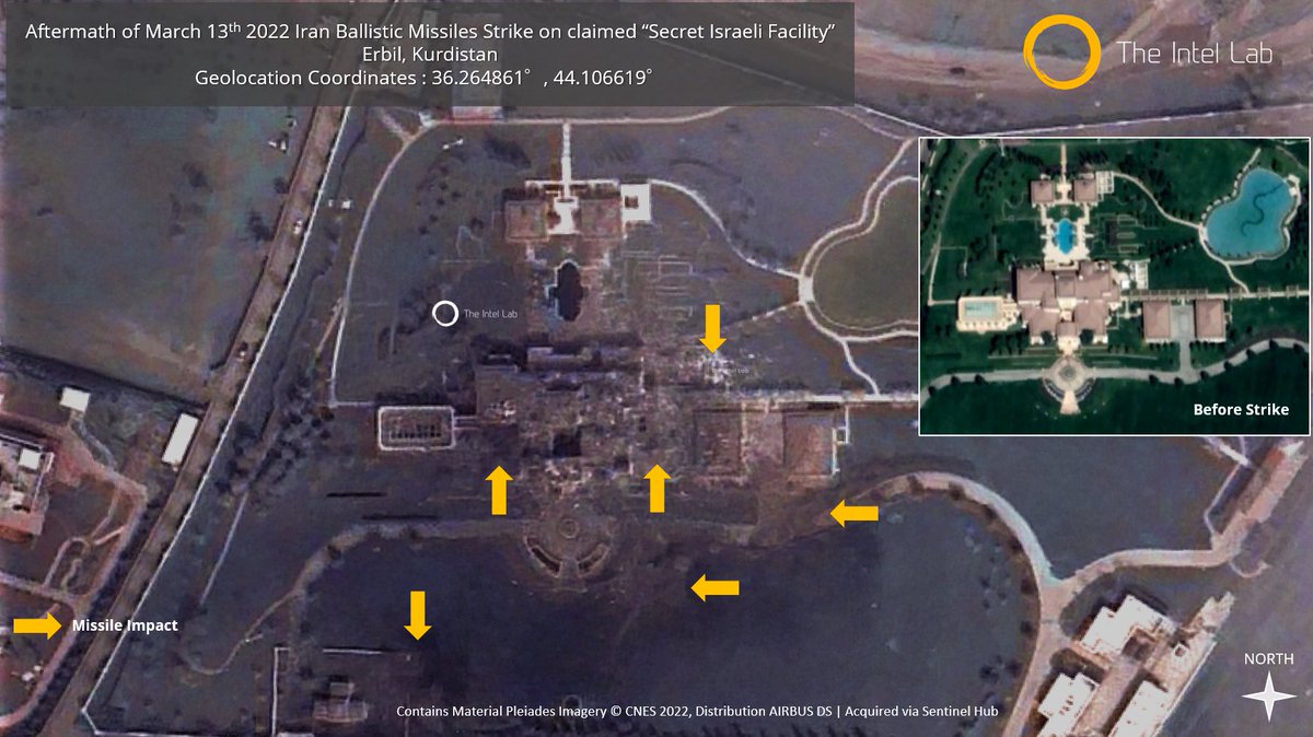 TheIntelLab's tweet photo. Aftermath of March 13th, 2022 #Iran #Ballistic #Missiles strike on claimed "#Israel Secret Facility" in #Erbil . At least 6 missile impacts could be located on a 4 acres area. #GEOINT #IMINT #Kurdistan #TheIntelLab https://t.co/1Y1dwdLO5D