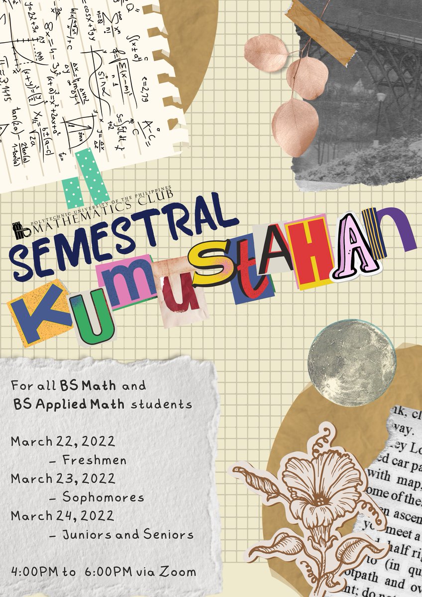 PUPMathClub_'s tweet photo. Kumusta ka, ka-Sipnayan? 

May bumabagabag pa rin ba sa'yo ngayong tapos na ang ating unang semestre?

Tara't pag-usapan natin 'yan sa Semestral Kumustahan ng PUP Mathematics Club ngayong Marso 2022. Maaring tingnan na lamang ang schedule na nakatakda na naaayon para sa'yo. https://t.co/vFEkNccqQm