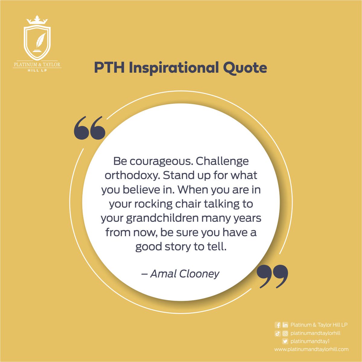 Platinumandtay1's tweet photo. We hope that you are courageous this week and challenge the norm.

Stand up for what you believe in and create the best story for yourself.

Happy new week from all of us at Platinum and Taylor Hill LP.

#newweek
#Mondaymotivation
#PlatinumandTaylorHIllLP
#lawforall https://t.co/6p59Z4zoNX