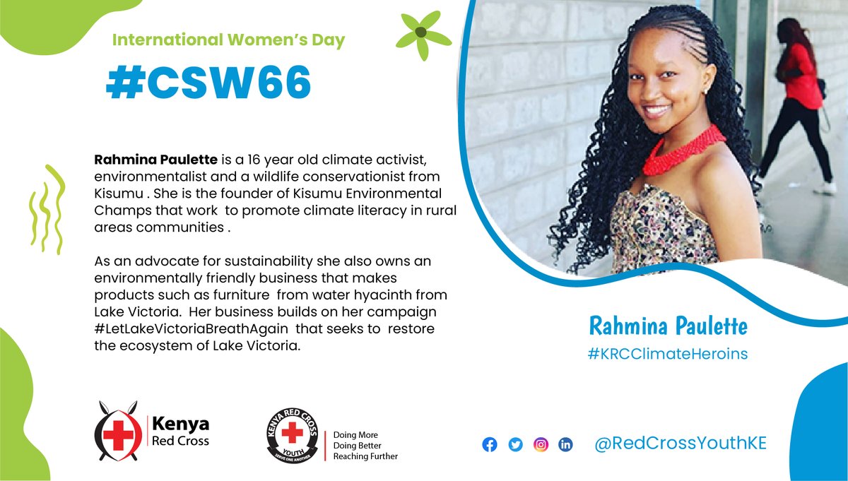 RedCrossYouthKE's tweet photo. @AbigaelKima @RCClimate @IFRCInnovation @ifrc @IFRCAfrica @Dwmwikali @patriciakombo @Esthermuiruri_ @fazeelamubarak @WinnieCheche @PauletteRahmina is a representation of how the involvement of young women in climate process is creating innovative solutions to address the #ClimateCrisis Her business uses water hyacinth to create environmentally friendly products.

#CWS66 #KRCClimateHeroines https://t.co/fSOu8l9wTP