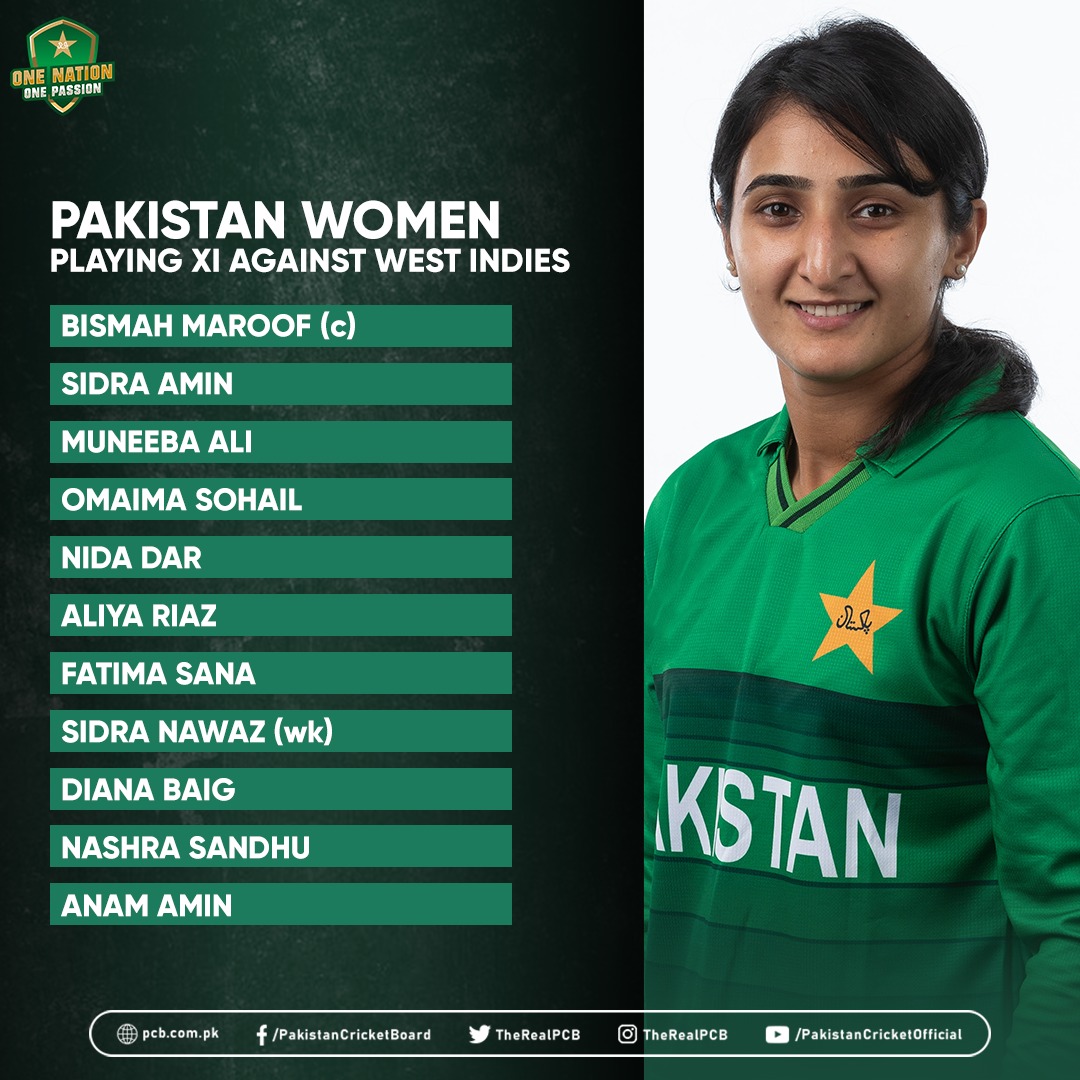 We are bowling first after winning the toss

The match is reduced to 20 overs due to rain

#WIvPAK #BackOurGirls #TeamPakistan