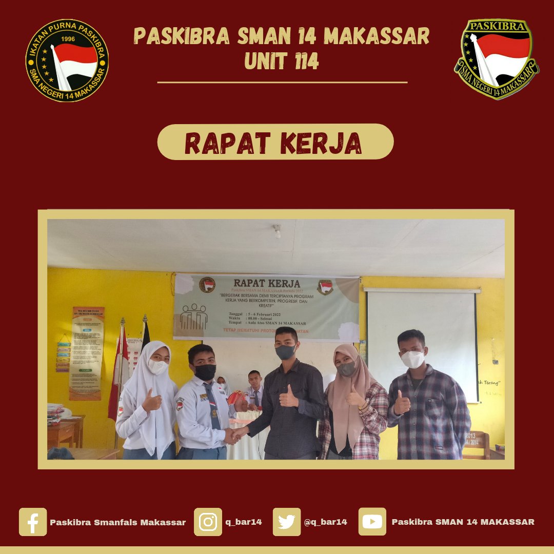 Q_bar114's tweet photo. [ Late Post ]

Telah terlaksana Rapat kerja PASKIBRA SMAN 14 Makassar periode 2022 dan Serah Terima Jabatan pengurus periode 2021 ke pengurus periode 2022 pada hari sabtu, 05 Februari 2022

[Kegiatan ini berlangsung berdasarkan protokol kesehatan yang berlaku]

#qbar114 https://t.co/mDSabZsoLQ