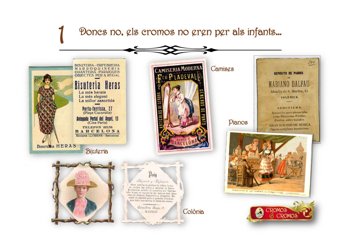 CromosCromos1's tweet photo. 1/7 ELS CROMOS NO EREN PELS INFANTS
Els cromos van irrompre a la societat catalana a partir del 1870. Va ser una bogeria veure la impressió a color d’aquells papers i cartrons i ràpidament van ser utilitzats per anunciar tota mena de productes i negocis. El color imprès era una https://t.co/3fDhKtyAZ7