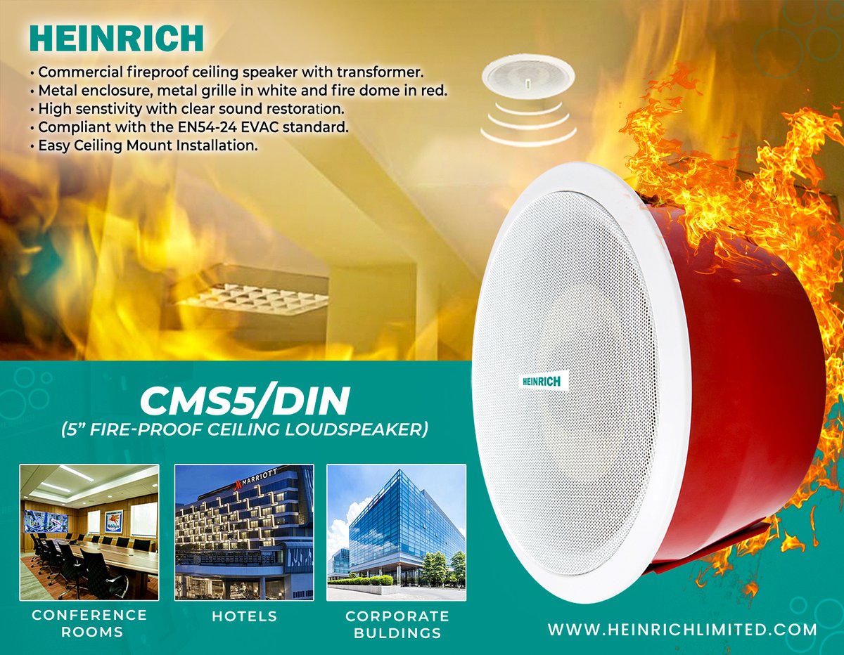 HEINRICHmarket's tweet photo. The Heinrich CMS5/DIN fireproof ceiling speaker is designed for multi-room music systems to enable stereo sound for listening to music, announcing safety messages, and broadcasting emergency voice evacuation messages even in tough fire conditions. https://t.co/p9FBp2pOjW