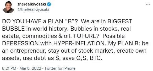 clcnft's tweet photo. Robert Kiyosaki believes that we are now in the biggest bubble in world history. In his opinion, everyone should have a plan "B", which is to stay away from the stock market and create their own assets. The investor drowns for gold, silver, BTC. https://t.co/8fNca1efL1