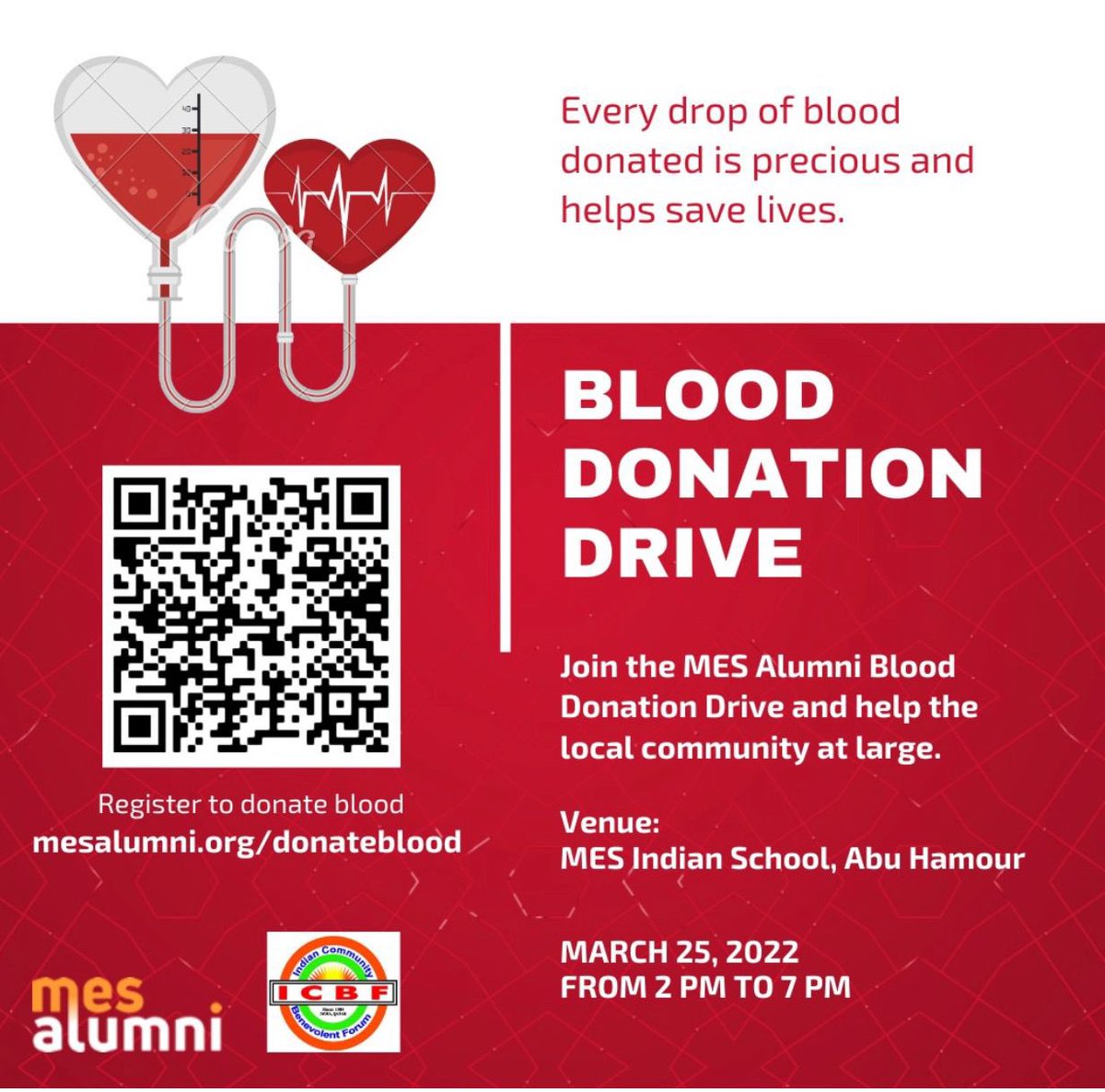 ICBF_Qatar's tweet photo. MES Alumni in association with ICBF organizing Blood Donation Camp at MES Indian School, Abu Hamour on 25th March 2022, Friday from 0200 PM to 07PM
βSave a LIFE, Donate BLOOD"
#icbfqatar #teamicbf #icbf #icbfreachout #mesalumni https://t.co/Qj2eTSrXzL