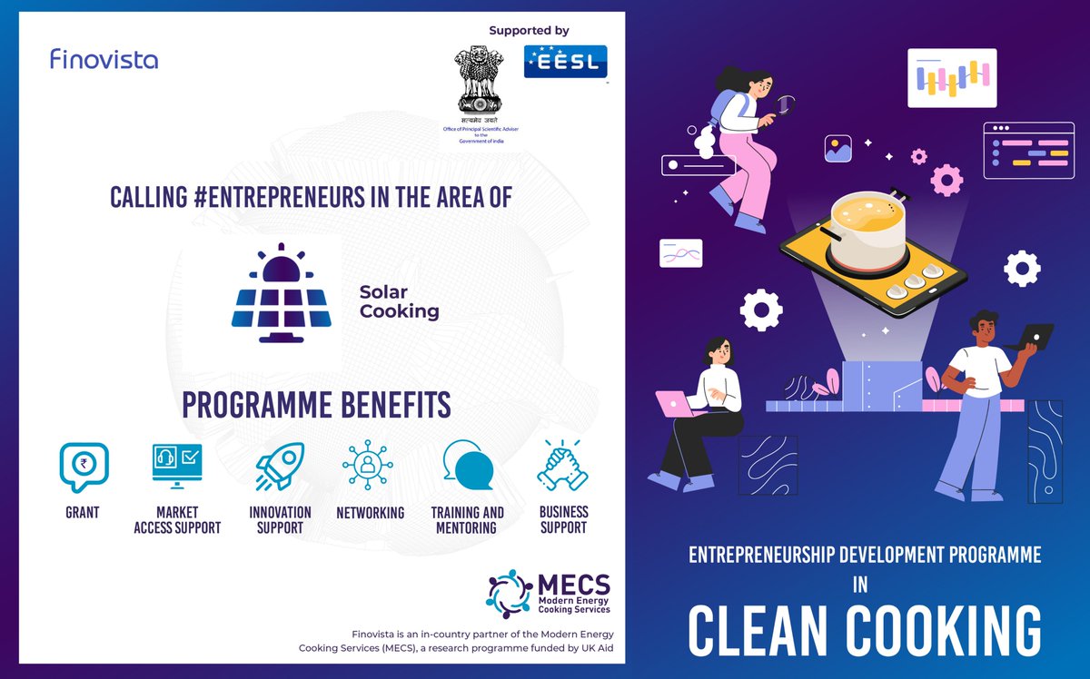 Finovista's tweet photo. We are calling #Entrepreneurs in the domain of #Solar_Cooking!
#Entrepreneurship_Development_Programme is funded by @UKMECS & supported by @PrinSciAdvOff & @EESL_India & implemented by @Finovista.
To apply visit: https://t.co/sb03RKrmNV https://t.co/0IFSTlbFpJ