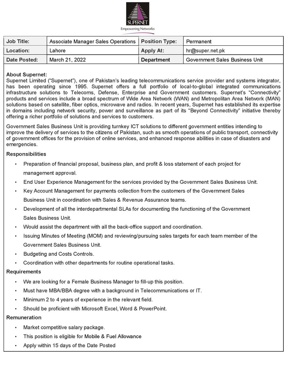 Job Opportunity:

Job Title: Associate Manager Sales Operations
Location: Lahore
Apply at: hr@super.net.pk
#jobopportunity #hiring #governmentprojects