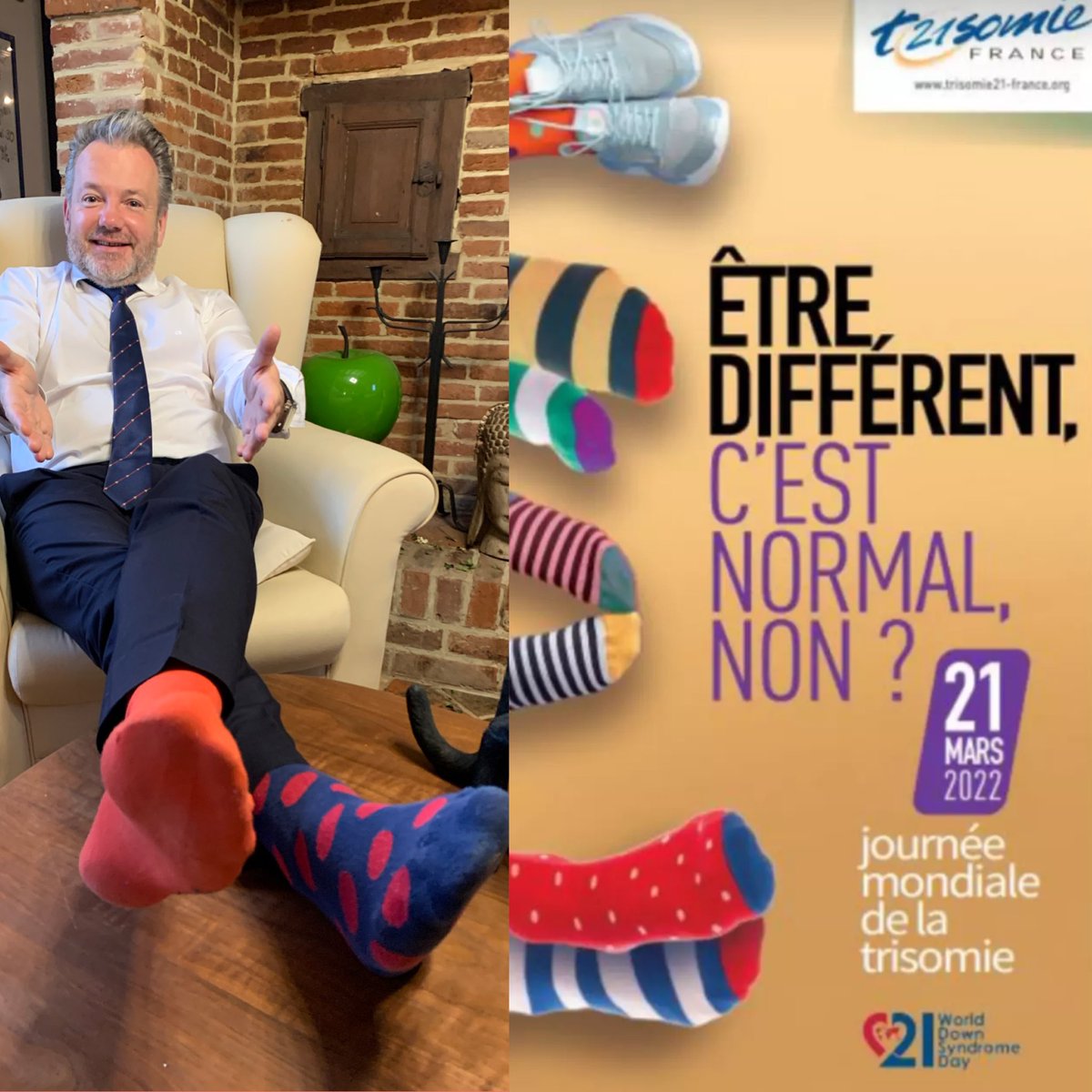 [ LA DIFFÉRENCE VIVONS LÀ ENSEMBLE !]
Ce 21 mars est la journée mondiale de la trisomie.Vous pouvez participer en portant des chaussettes différentes.Cette journée permet de réaffirmer que la différence est une richesse et vise à améliorer l'intégration des personnes trisomiques.