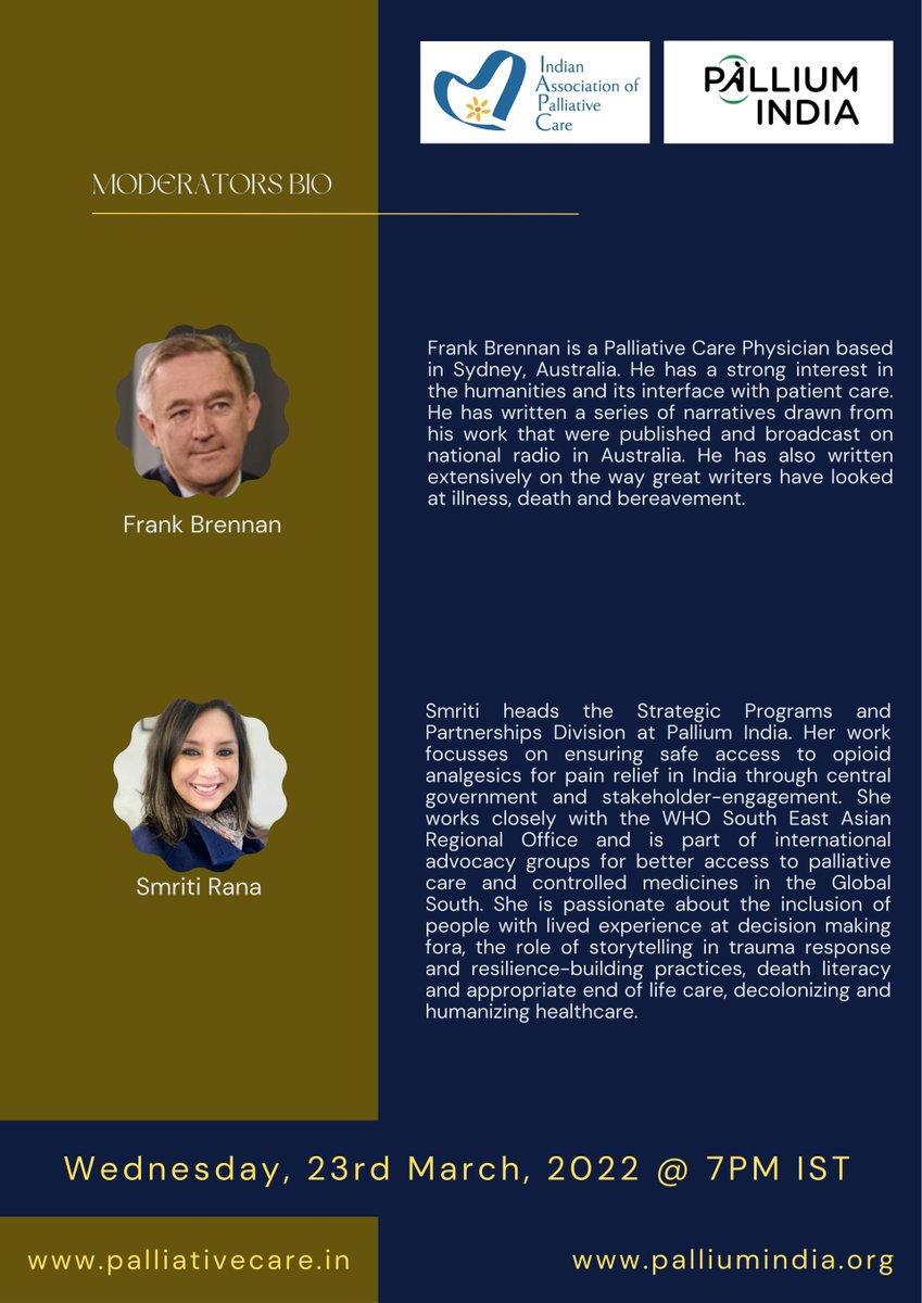 Pallium India (@palliumindia) on Twitter photo 🎙️ To commemorate #WorldStorytellingDay, we are delighted to announce this conversation on Humanising Healthcare through Storytelling, organized by Indian Association of Palliative Care & Pallium India, March 23 at 7 p.m. IST
Register now! bit.ly/3Io2OjI
<a href="/iapcsecretary/">Indian Association of Palliative Care</a> 🎙️ To commemorate #WorldStorytellingDay, we are delighted to announce this conversation on Humanising Healthcare through Storytelling, organized by Indian Association of Palliative Care & Pallium India, March 23 at 7 p.m. IST
Register now! bit.ly/3Io2OjI
<a href="/iapcsecretary/">Indian Association of Palliative Care</a>
