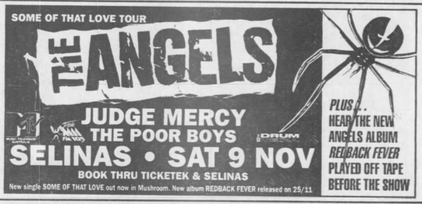 gigsyoumissed's tweet photo. 9 November 1991
The Angels
/w Judge Mercy + The Poor Boys
@ Selinas https://t.co/ZsTPAkS1OC