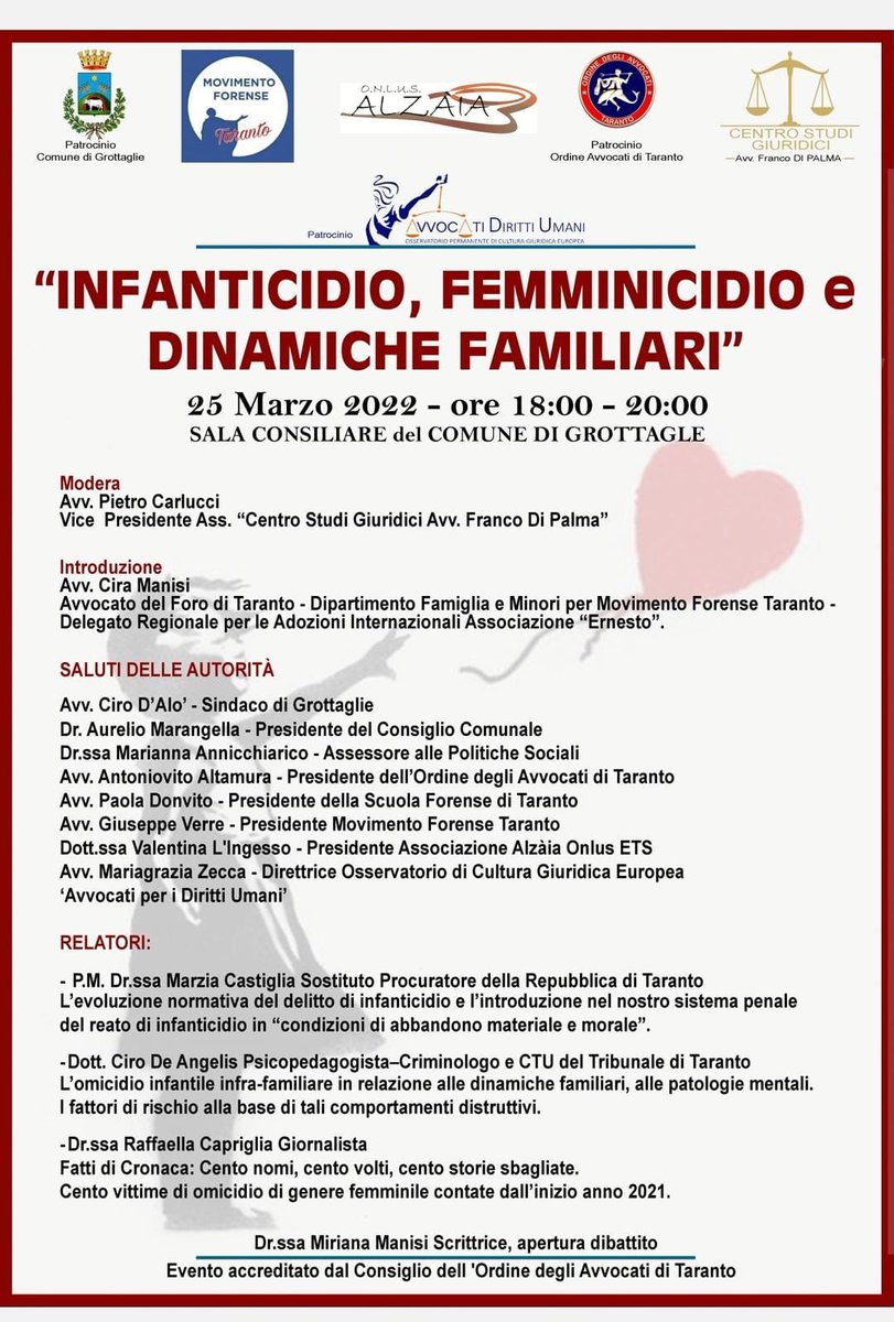 Movimento Forense #webinar #Taranto il 25.3.2022 ore 18-20   “INFANTICIDIO, FEMMINICIDIO E DINAMICHE FAMILIARI“ <a href="/alalumia/">Nino La Lumia</a> 
<a href="/MCesali/">Massimiliano Cesali</a> <a href="/radiotribunale/">RadioTribunale</a> <a href="/MovForenseta/">MovimentoForenseTaranto</a>