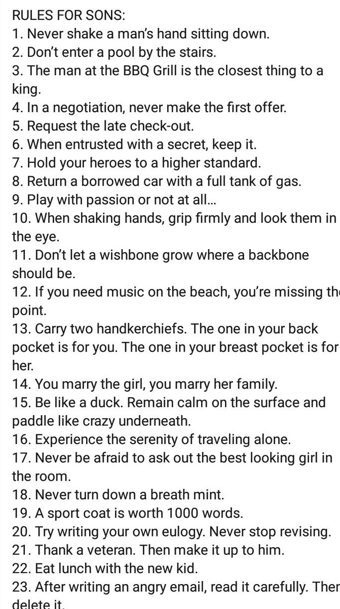 I found these rules interesting: RULES FOR SONS. Would love to know which one of these rules make sense to you and which ones don't.
#YoungFamousAndAfrican
#CrowdsForHire 
Hague