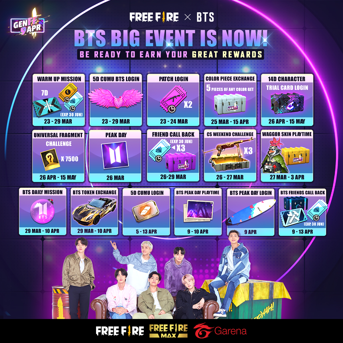 Garena Free Fire EU on X: "[FFxBTS] BTS Big event is now! 💜🔥 Let's take a  look at the BTS event calendar 🗓 🎯BTS PEAK DAY login on 9 Apr , 👉