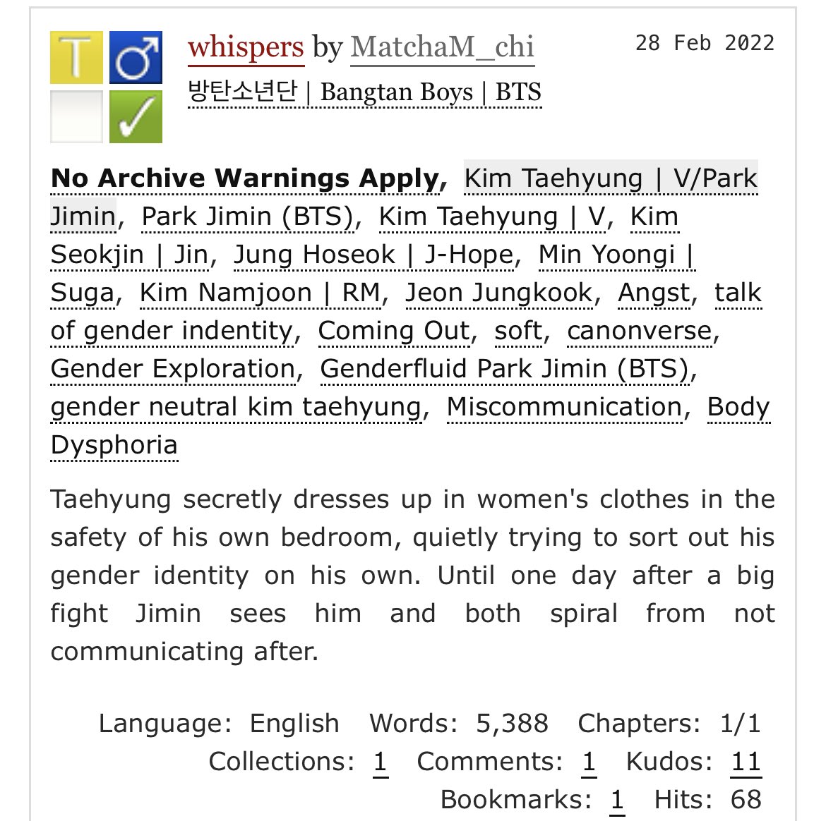 whispers for <a href="/enbtsficfest/">ENBTS Fic Fest (REST)</a> 

taehyung has been sorting out his gender and likes to dress up in private. jimin finds out and miscommunication ensues.

moodboard by <a href="/jimimwah/">lunarirang</a>