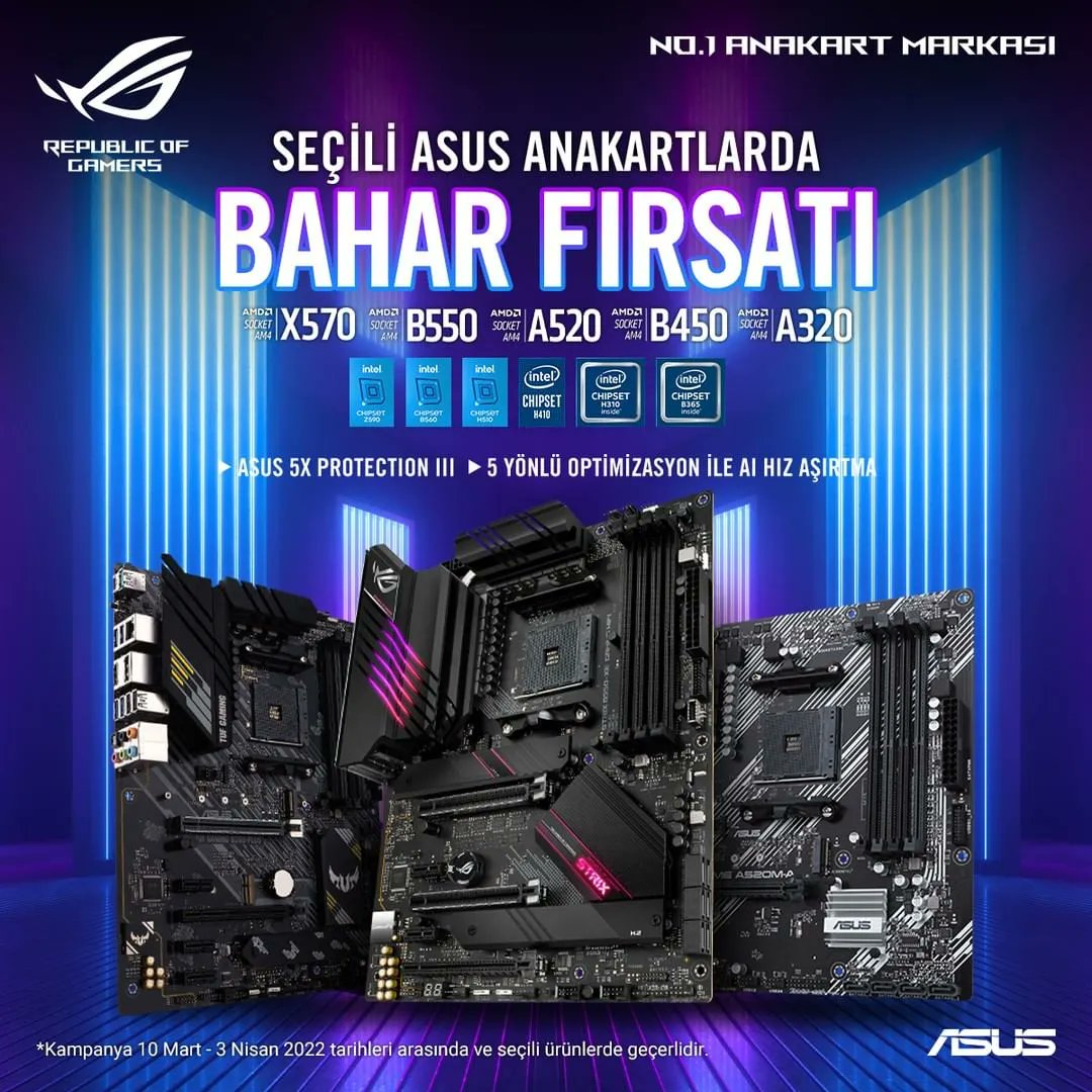 Bahar mevsimine yeni bir ASUS - ROG anakartla girmenin şimdi tam zamanı!
Seçili ASUS - ROG anakartlarda geçerli Bahar Kampanyası’nı kaçırmayın!