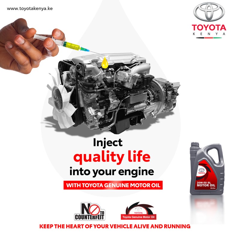 ToyotaCFAOKE's tweet photo. Chunga afya ya engine yako na Toyota Genuine Motor Oil, made specially for your engine and Kenyan driving conditions. Itโs available at all Toyota Kenya branches & Authorized Genuine oil shops.
#ProtectYourEngine #TGMO #QDR #NoToCounterfeit https://t.co/mPY7zyr73w