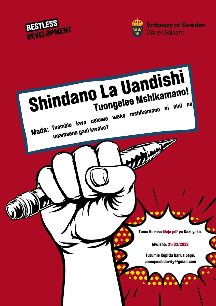 SwedeninTZ's tweet photo. Are you ready for some Solidarity Talks!
Calling for all forms of creative writing:
What does SOLIDARITY mean to you?
Anyone between the ages of 14-35 can submit. Let's get creative!
#Pamoja
#Togetherchangeispossible https://t.co/t3ux3qJrPV