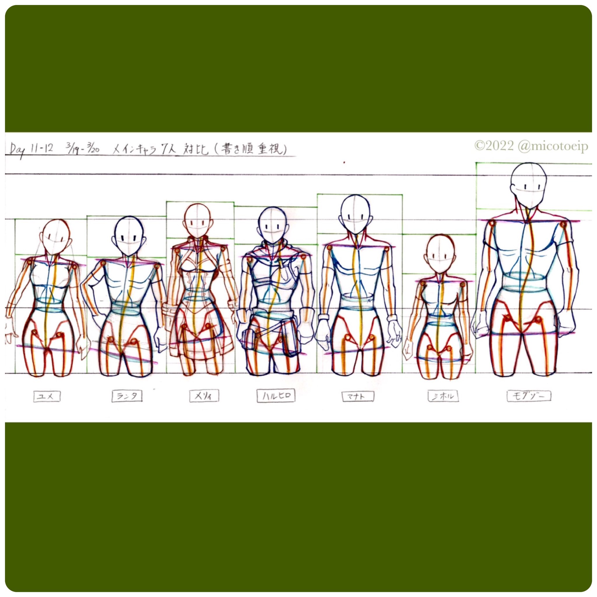 Micotoeip Day11 12 グリムガルメインキャラ7人 体格 体型比較 書き順重視 頭身や縮尺はあまり考えずに描いているので 実際のキャラより頭小さめ 胴長めです 修正版はまた後日 参考 灰と幻想のグリムガル資料集 Hidechannel クロッキー
