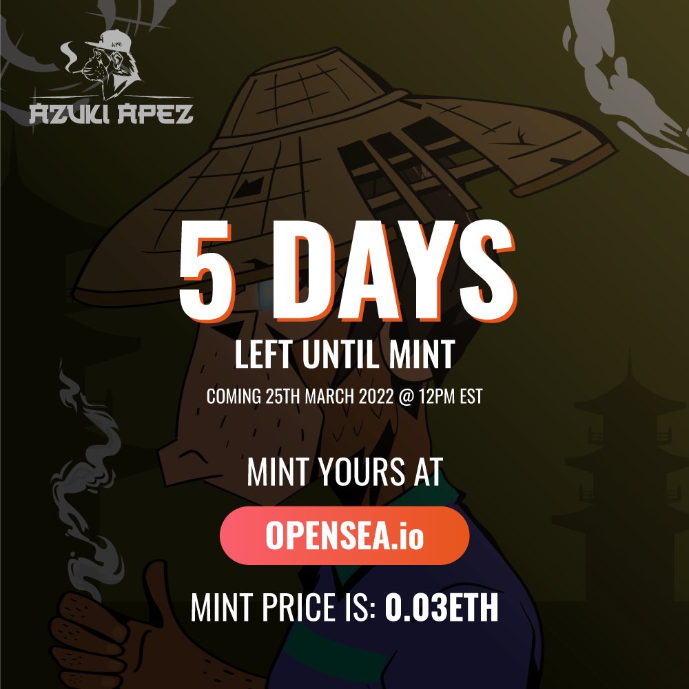AzukiApez's tweet image. 5 Days remaining until Mint on @opensea Giving away 5 WL spots to mint at 50% OFF the first day only to the people that RT and tag the most friends and reply to this tweet. #NFTGiveaway #NFT #WLGiveaway #WAGMI #RETWEEET