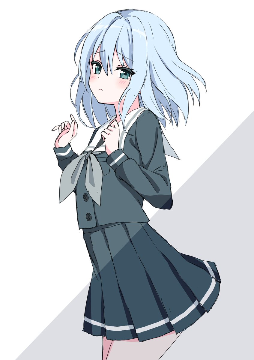 1girl solo skirt school uniform blush blue hair looking at viewer  illustration images