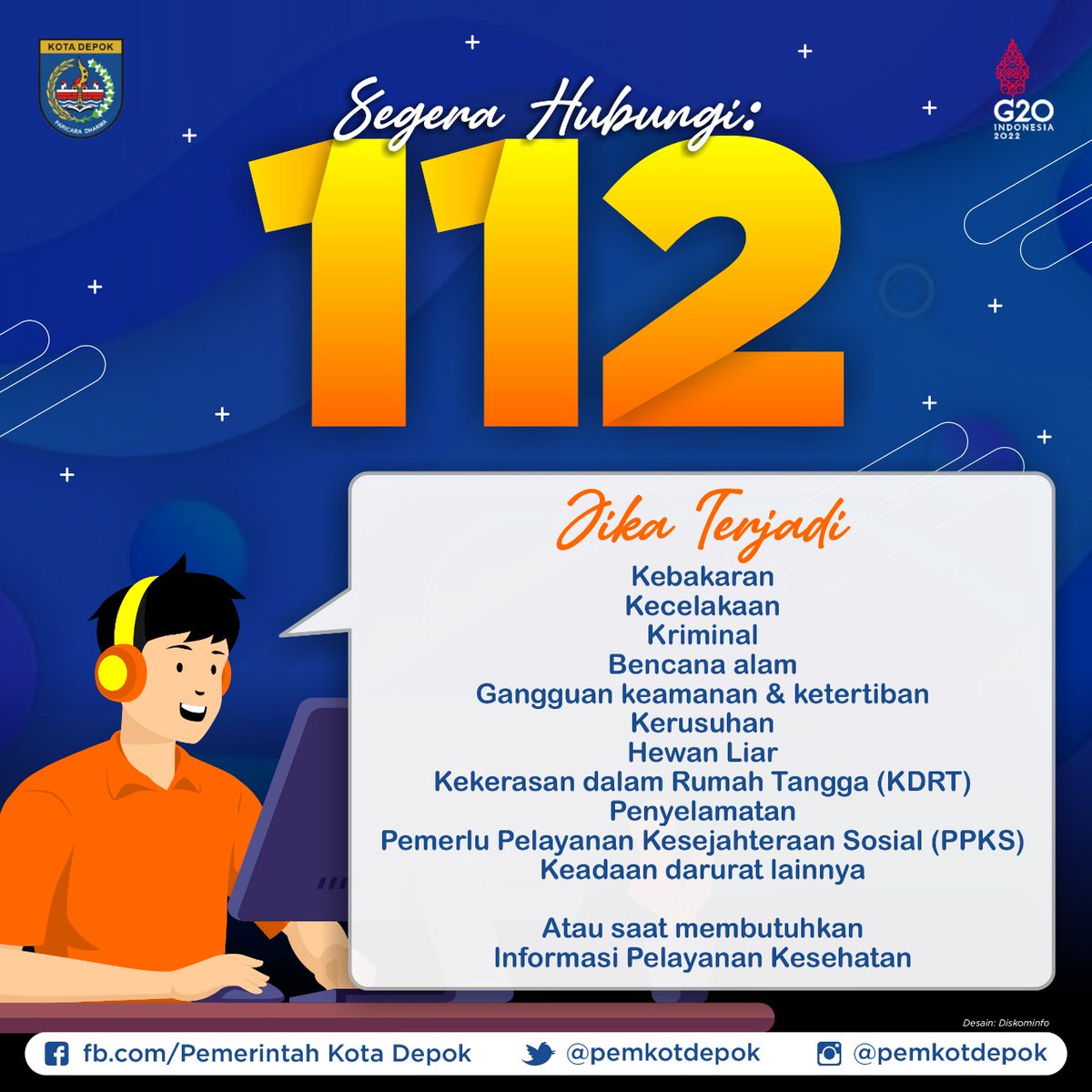 depokdiskominfo's tweet photo. Ada kejadian gawat darurat?
Segera hubungi NTPD 112. Layanan 24 jam (bebas pulsa).
#NTPD112
#DepokSiaga112
#112KotaDepok https://t.co/Q3wj0gs7PN