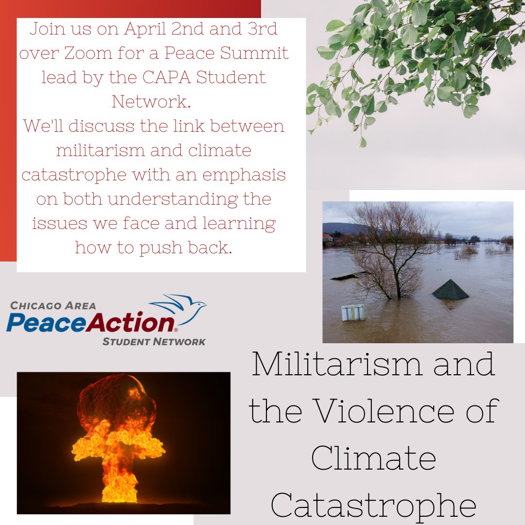 ChiPeaceAction's tweet image. We’re just about two weeks away from the CAPA Student Leader’s 2022 Peace Summit! The Summit is entitled Militarism and the Violence of Climate Catastrophe, and the subject matter remains timely, as conflict continues to destroy lives and livelihoods and strain our environment.