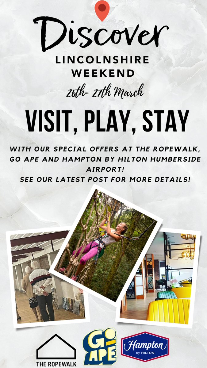 Visit, Play, Stay this #DiscoverLincolnshireWeekend 26 &amp; 27th March! 

Exclusive offers include👇
10% off activities 
<a href="/goapeNH/">goapenormanbyhall</a>

🦍
Free postcards 
@Ropewalkbarton

🧑‍🎨
Discounted stay at #Humbersideairport ✈️
<a href="/HamptonByHilton/">Hampton by Hilton</a>

Details here: tinyurl.com/2p924t5k
<a href="/visitlincoln/">Visit Lincoln</a>