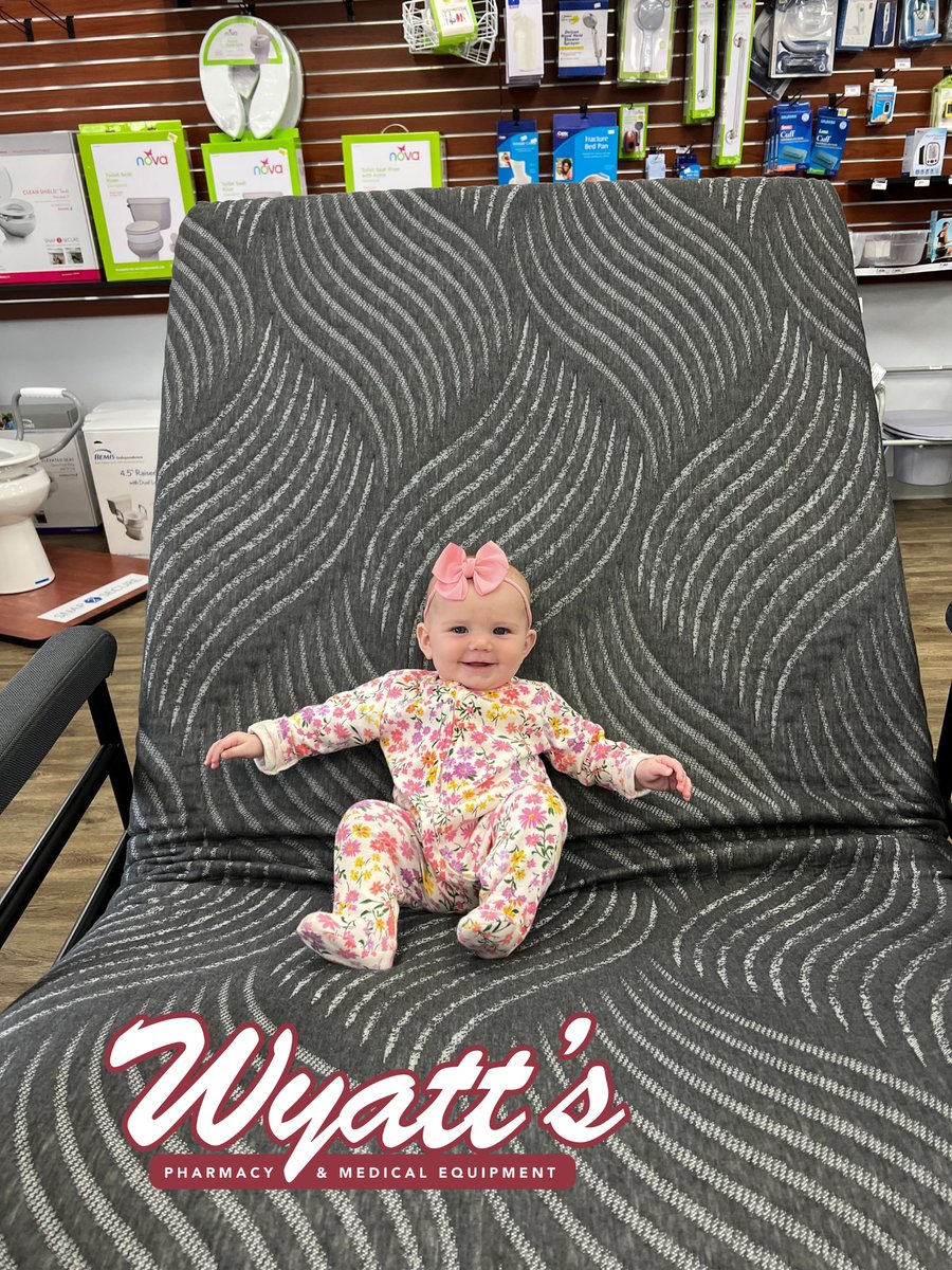 wyattspharmacy's tweet photo. Della Mae loves our new Independence hospital bed...it sits AND stands you up! Come by today and check it out!!! Our medical equipment staff is here Monday - Friday 9-5 and Saturdays 9-12! #wyattspharmacy #wyattsfamily #wyattsmedical #wyattsmaternity https://t.co/35LOhvqZhy