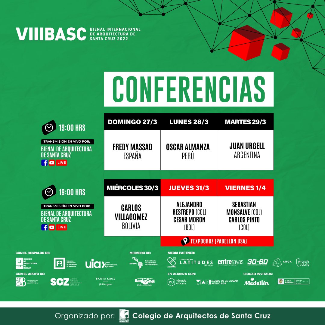 basc2020's tweet photo. La programación de las conferencias del 𝐄𝐣𝐞 𝐏𝐫𝐢𝐧𝐜𝐢𝐩𝐚𝐥 de la #BASC2022 tendrá a ocho arquitectos invitados. 
📆 Del 25 de marzo al 10 de abril de 2022
📱 Ver más en https://t.co/P9g8dmgVIO
#BienalSCZ https://t.co/vKNuzcPIXQ