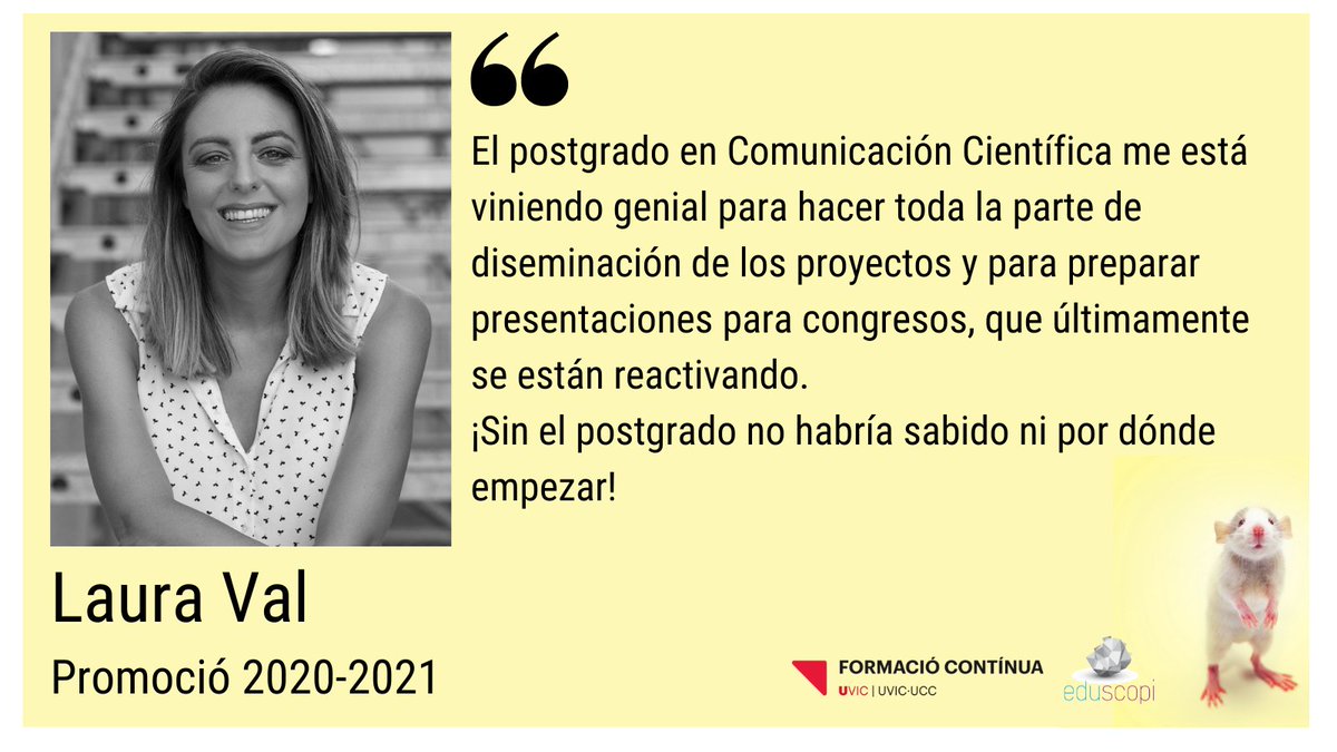 Eduscopi (@eduscopi) on Twitter photo Ara que estem preparant una nova edició del #postgrau en #ComunicacióCientífica #SciCommUVic, rebre el feedback de qui ja l'ha gaudit és tot un revulsiu.
Gràcies, <a href="/Laura_Val_Ibort/">Laura Val Ibort</a>!
El curs '22-'23 és aquí a la cantonada. Informa't❗️
ℹ️ tuit.cat/nm21b
@uvic_fcontinua Ara que estem preparant una nova edició del #postgrau en #ComunicacióCientífica #SciCommUVic, rebre el feedback de qui ja l'ha gaudit és tot un revulsiu.
Gràcies, <a href="/Laura_Val_Ibort/">Laura Val Ibort</a>!
El curs '22-'23 és aquí a la cantonada. Informa't❗️
ℹ️ tuit.cat/nm21b
@uvic_fcontinua
