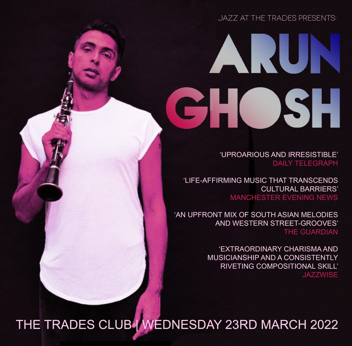 thetradesclub's tweet photo. Here at the Trades on Wednesday - Jazz at the Trades presents @arunghosh Tickets on sale HERE >> https://t.co/TVf7kTXePE Don't miss this one.. https://t.co/BD6ylE9EJK