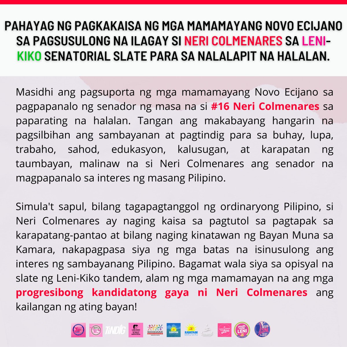anakbayan_ne's tweet photo. NUEVA ECIJA WANTS NERI!
ISAMA SI NERI COLMENARES SA LENI-KIKO SENATORIAL SLATE!

Pahayag ng pagkakaisa ng mga mamamayang Novo Ecijano sa pagsusulong na ilagay si Neri Colmenares sa Leni-Kiko senatorial slate para sa nalalapit na halalan. https://t.co/aiH4ESvhuP
