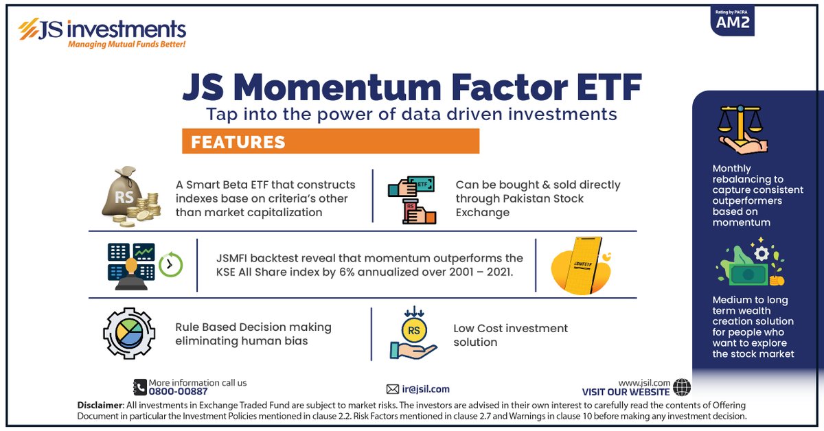 JSInvestment's tweet image. Invest in #JSMomentumFactorETF to tap into the power of data-driven investments, which allows you to build a diversified equity portfolio free of any human bias.
Learn More: jsil.com/js-exchange-tr…
#JSInvestments #SmartIsBetter #Investments #Savings #ETF  #SmartBeta #JSMFETF