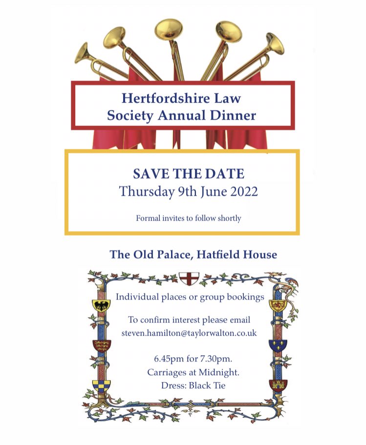 Hertfordshire Annual Law Society Dinner is back! Save the date: Thursday 9th June 2022. Booking details will be available soon! 🎉