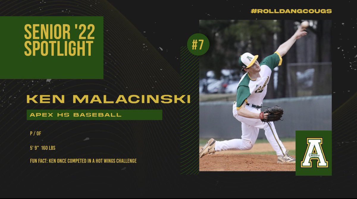 BaseballApex's tweet photo. Today’s Player Spotlight goes to Senior Ken Malacinski. Ken is our Left Handed Closer that already has 2 Saves on the year! @coach_olive @apexcougarclub @apexhsathletics https://t.co/HkxvAOc0Zd