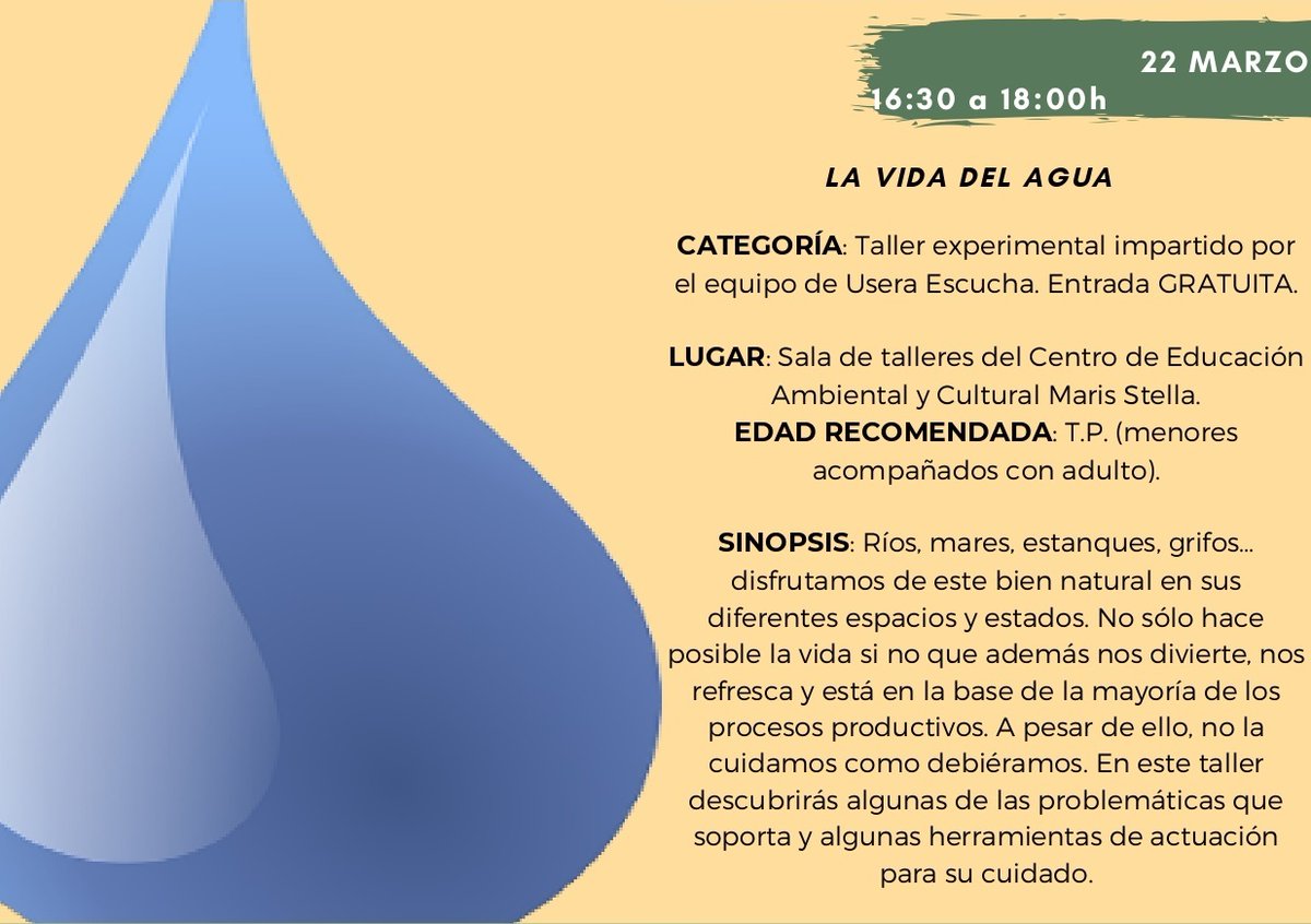 jmd_usera's tweet photo. 💦Regresan al #CEACMarisStella los talleres #medioambientales de #UseraEscucha para hablar sobre el agua y sus cuidados.🌊
La vida del agua.Martes 22 de marzo.
Para todos los públicos (menores acompañados con adulto).
➡https://t.co/DH5H2IqlqY https://t.co/mun8jirRmn