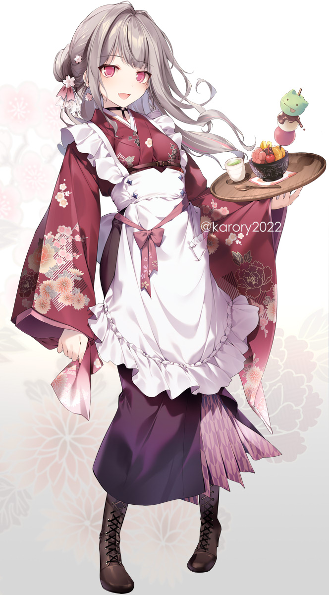 1girl solo japanese clothes kimono long hair smile apron  illustration images