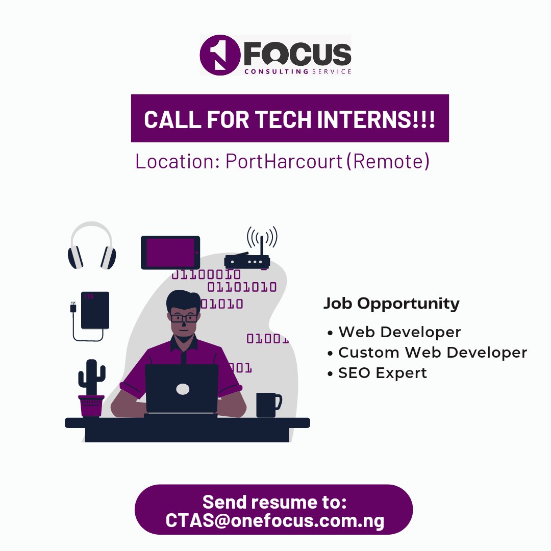 1focus_service's tweet photo. Calling all TECH enthusiasts!!!

Whether you wants to gain experience or need a tech side hustle.
Getting a tech internship placement that is remote can scale your career.

If this is you, send your resume to CTAS@onefocus.com.ng now to get started!

#intern #OneFocus #jobseeker https://t.co/cD4WYk4MN0
